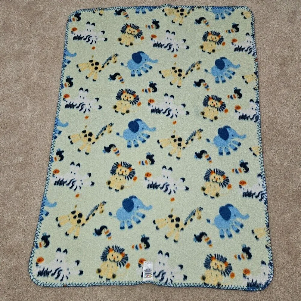 Baby Connection Pale Green Fleece Blanket Lion Giraffe Zebra Elephant Toucan